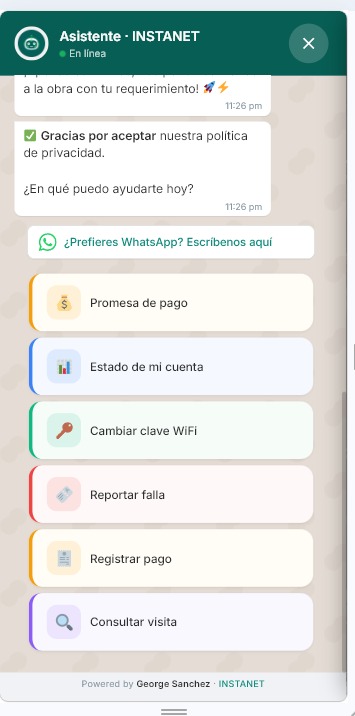Conversación con el chatbot de INSTANET preguntando por los planes